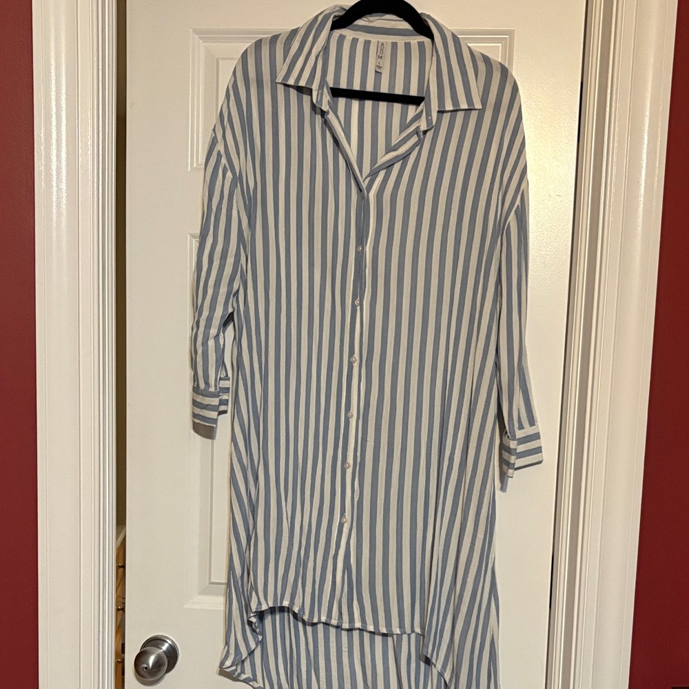 Blue and White Striped Button-Up Swim Coverup